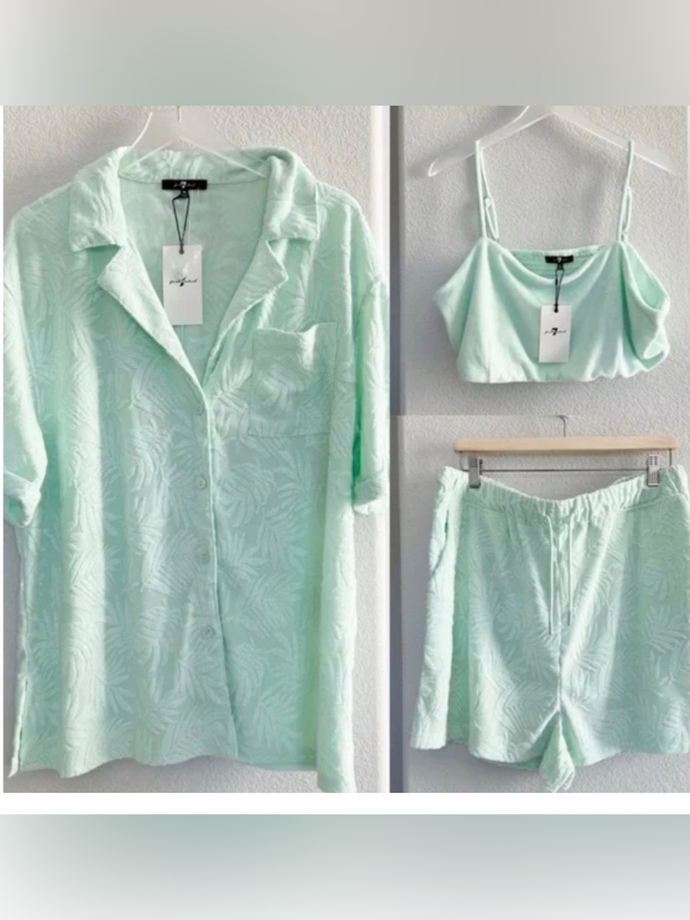 7 For All Mankind Mint Green Three-Piece Button-Front Top Set